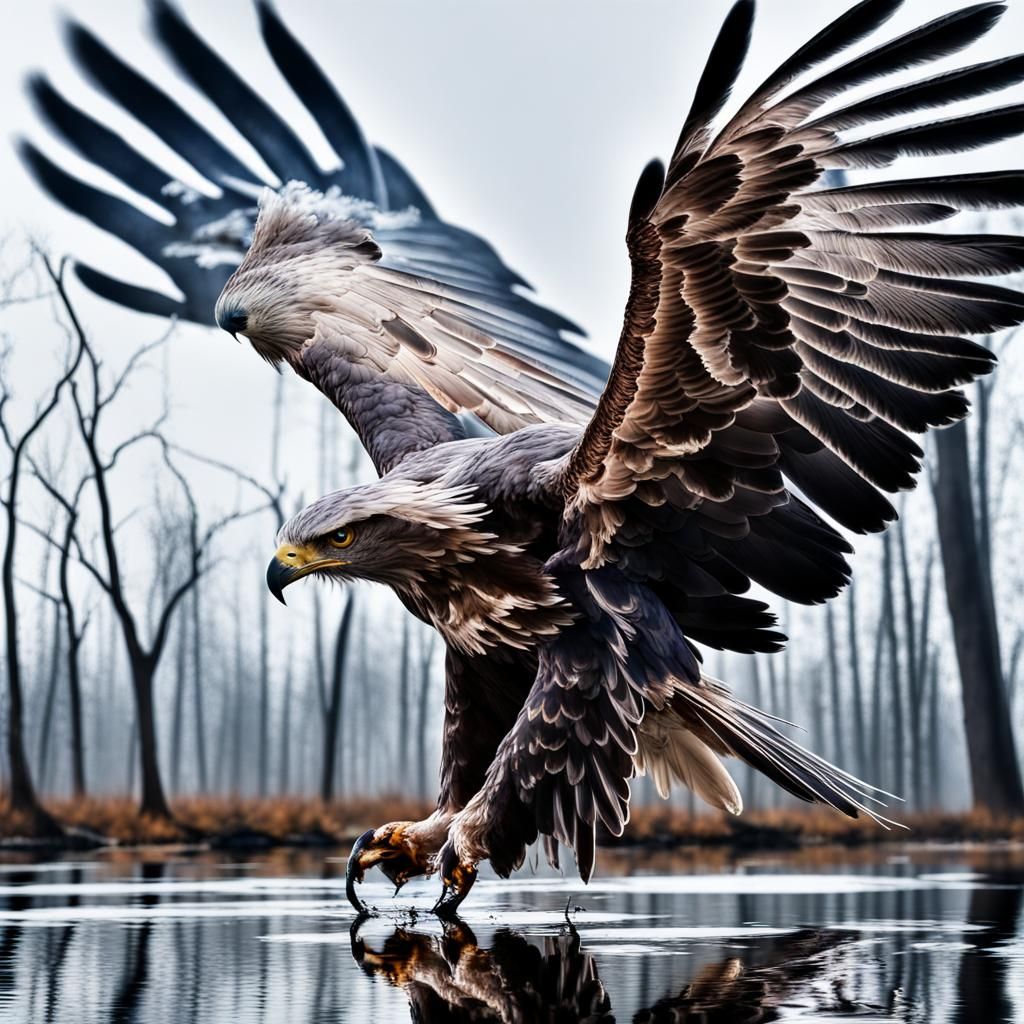 Creepy Dripping Ink Eagle Soaring Over Dead Woods