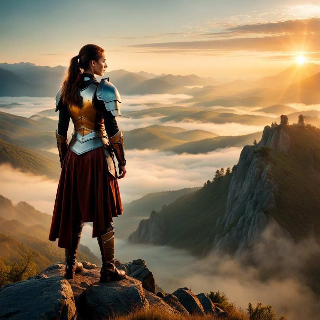Heroic Woman Overlooking Misty Valley at Sunrise