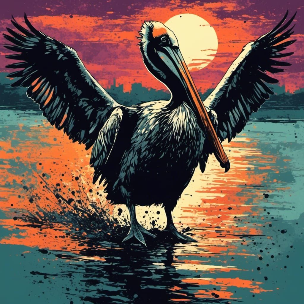 Pelican Silhouette Sunset in Anime Style