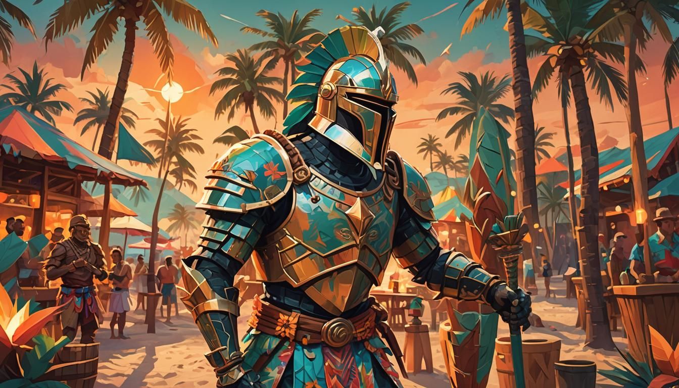 Palm Tree Knight at Tiki Bar in Low-Poly Style