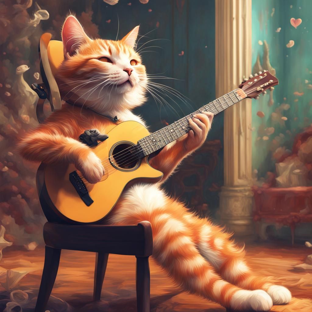 Cheerful Cat Plays Guitar and Sings a Love Song