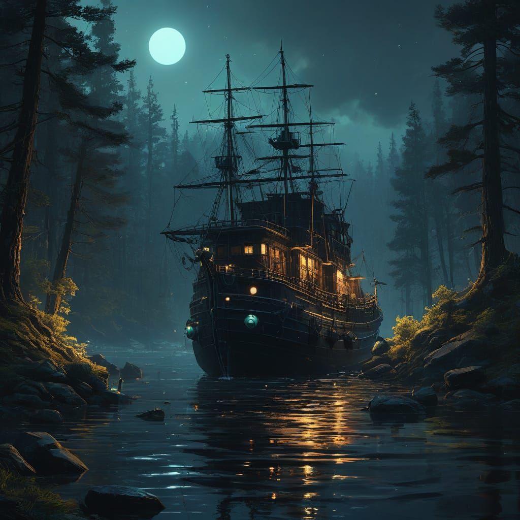 Mystical Black Pearlescent Ship Emerges from Moonlit Ocean