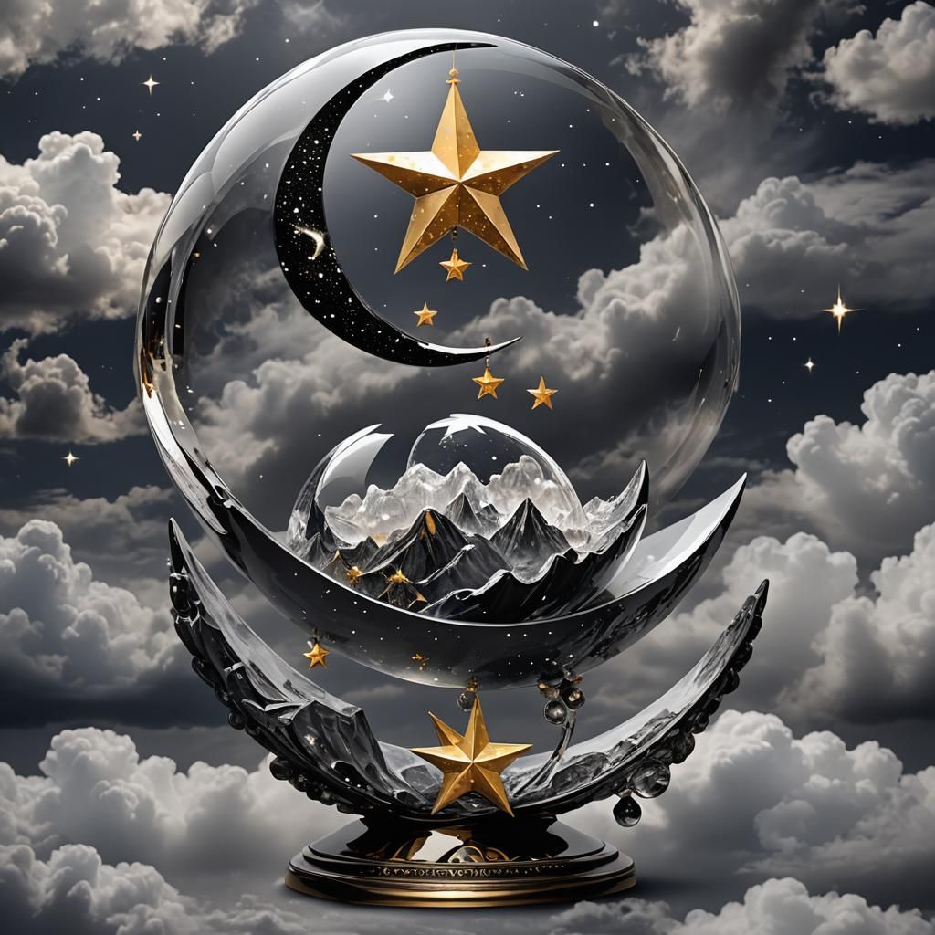 Crystal Crescent Moon with Golden Star