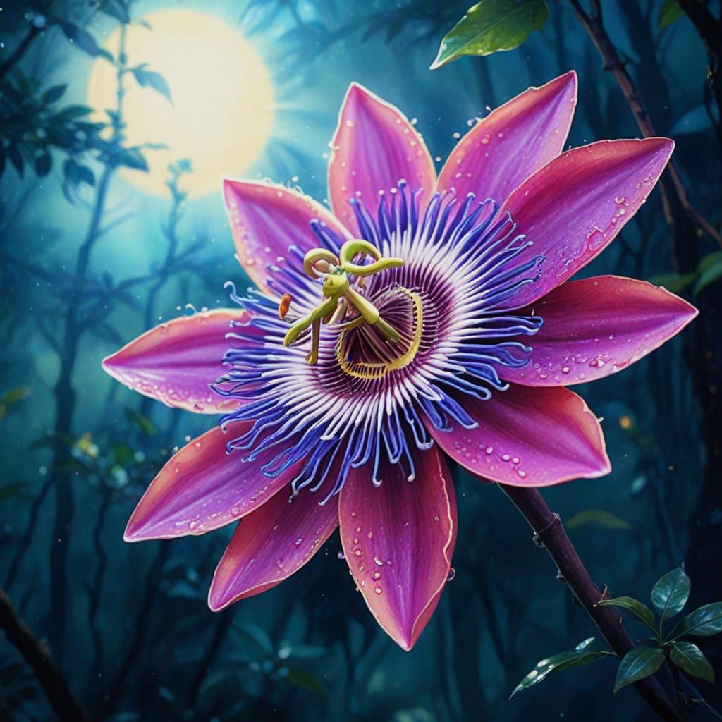 Surreal Passiflora Bloom Illuminates Enchanted Forest