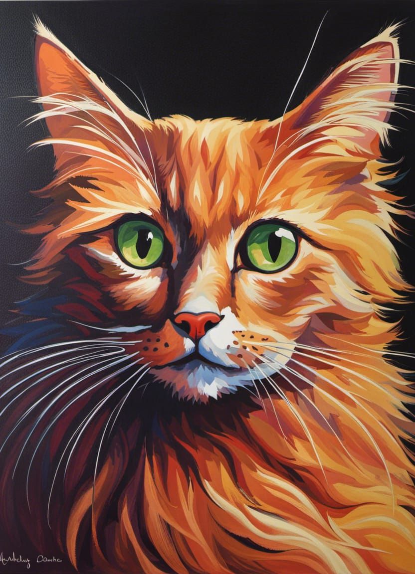 Black Kitten with Emerald Eyes in Gouache Style