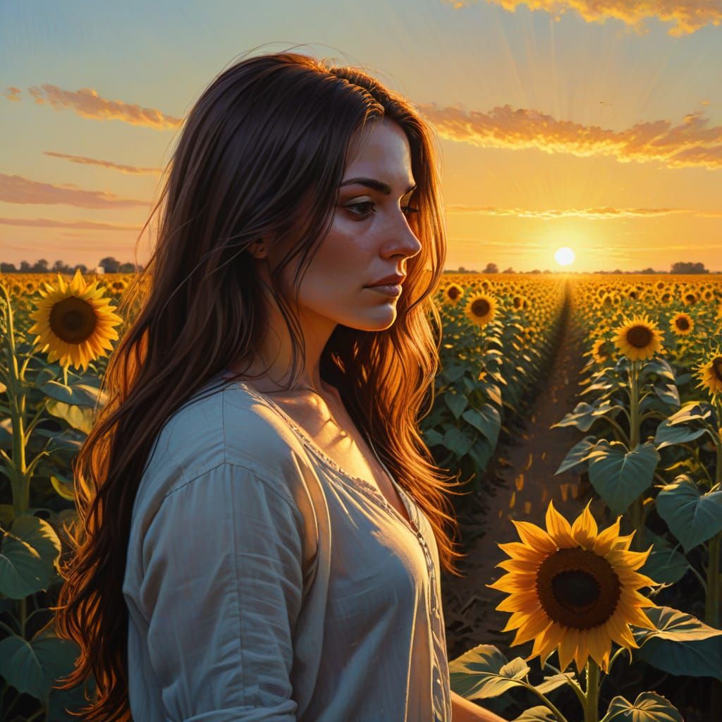 Woman in Sunflower Field, Oil Painting