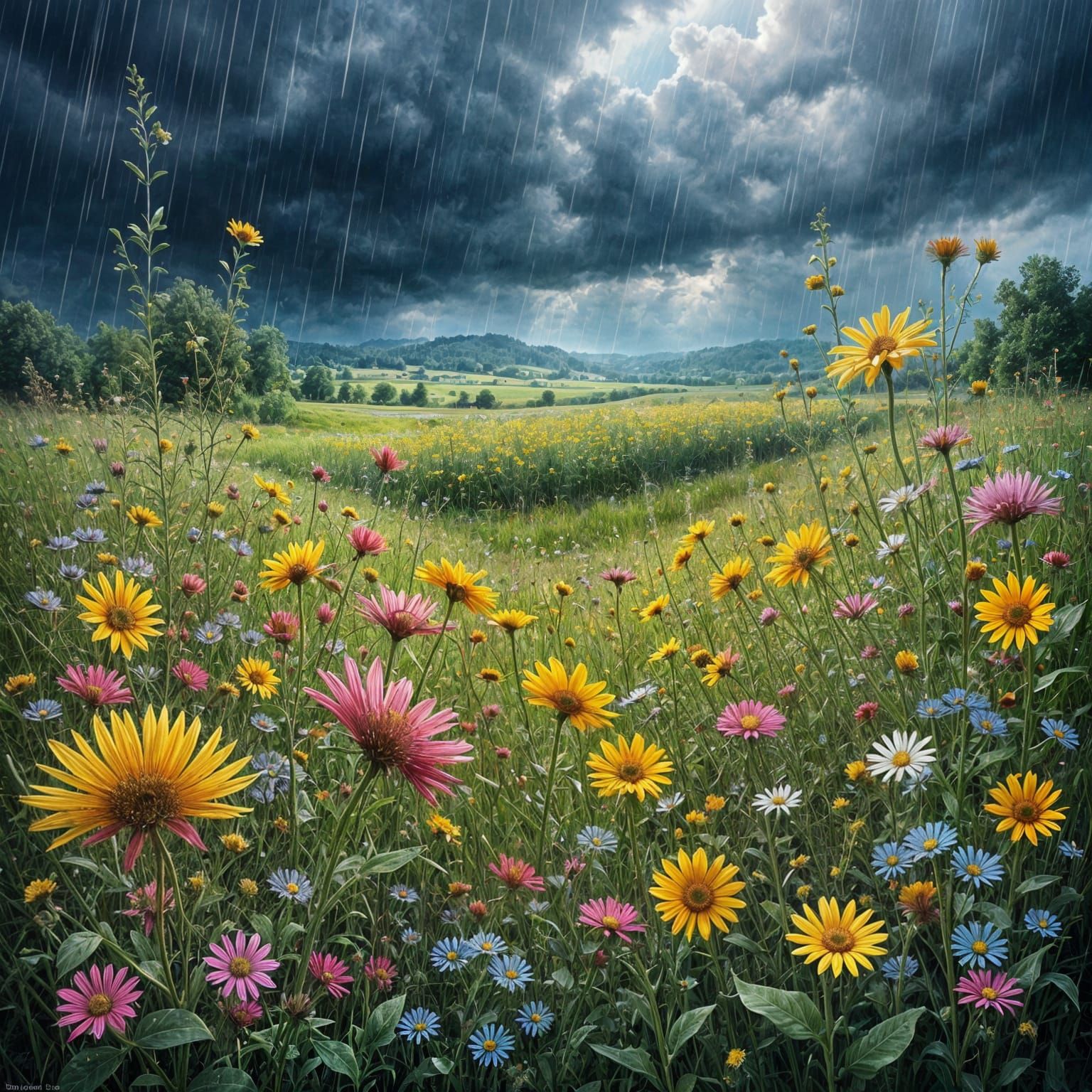 Vibrant Wildflower Field Bending Under Summer Rain