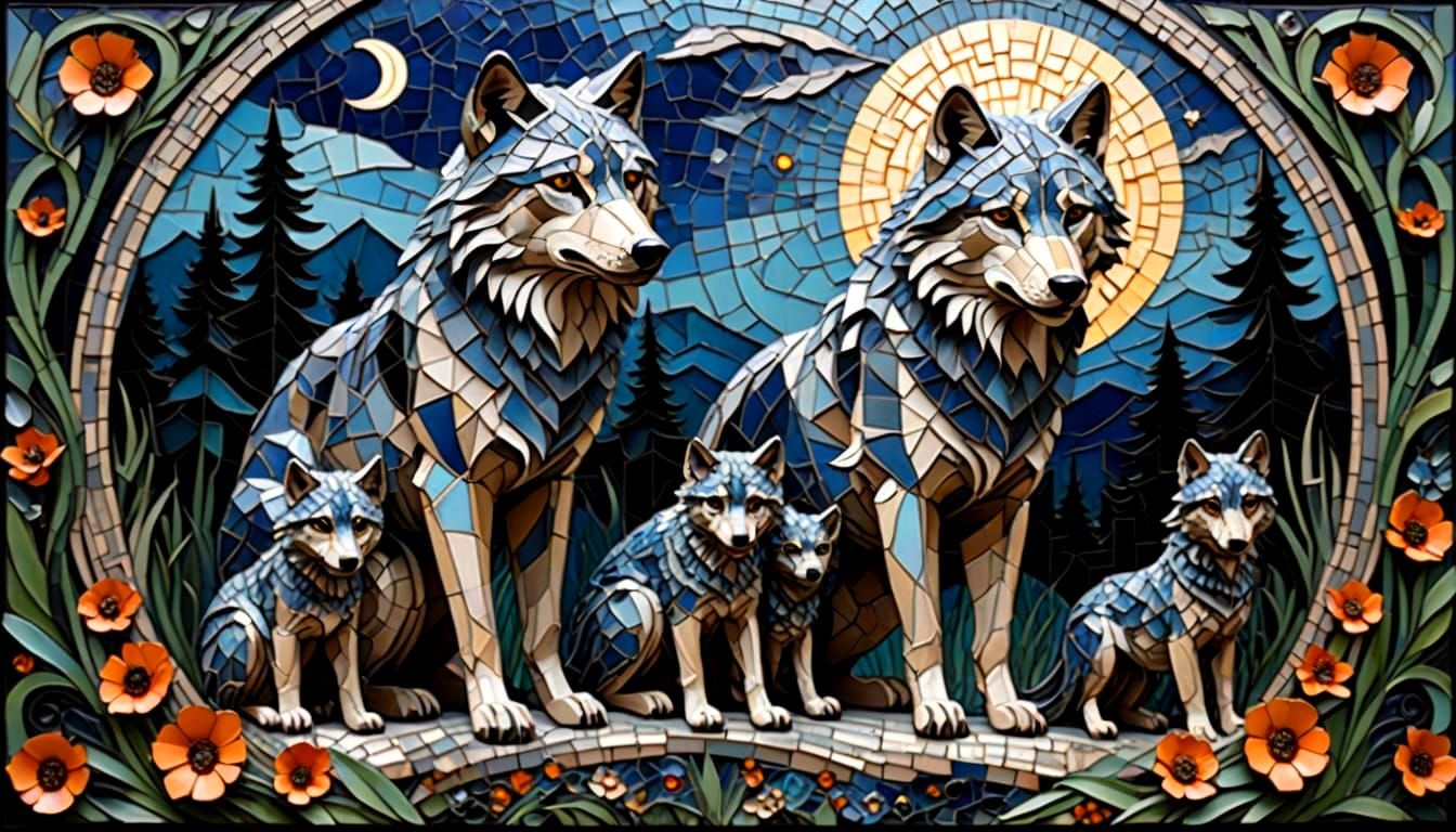 Art Deco Wolf Family Mosaic at Twilight