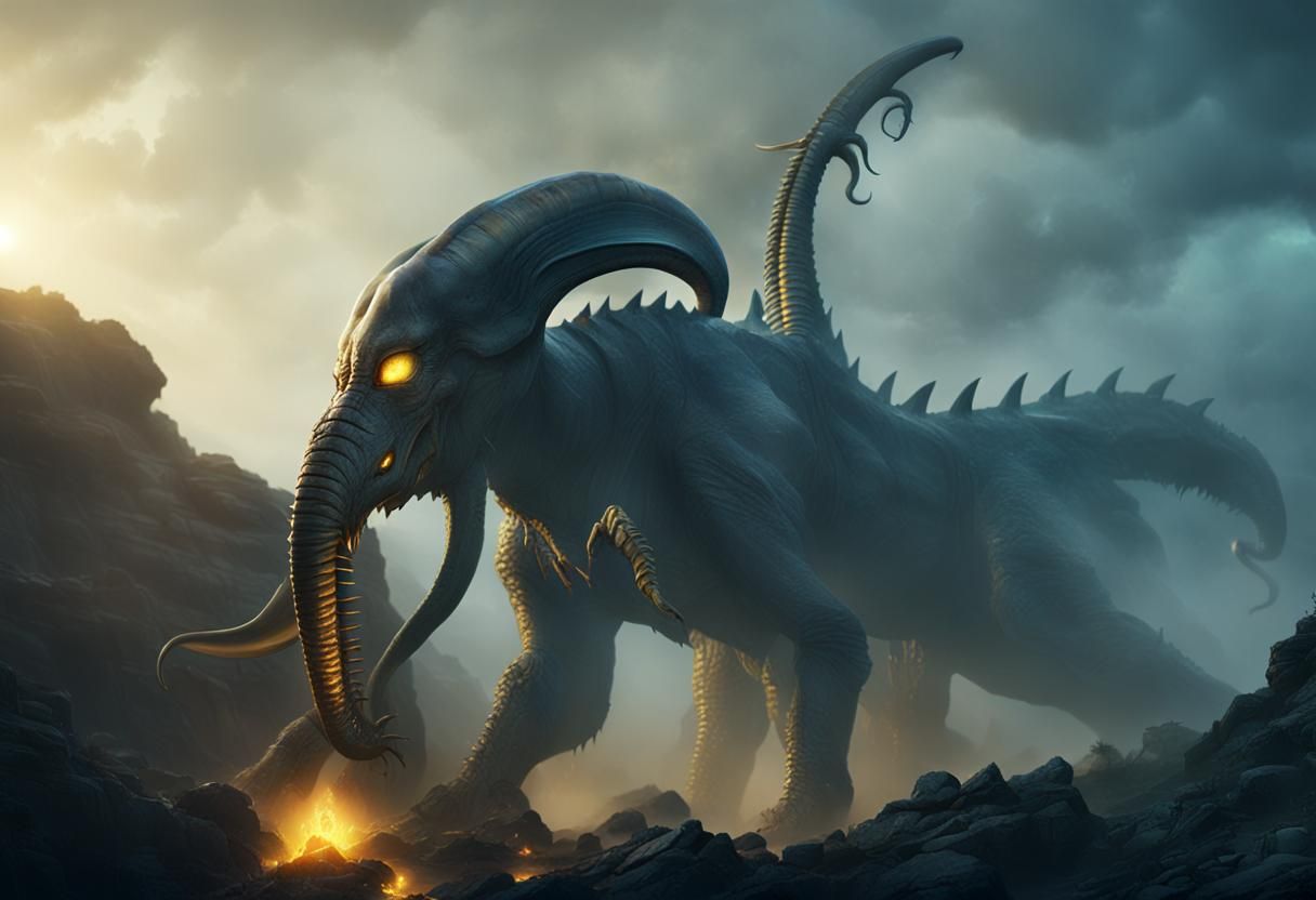 Xenomorph Elephant Roaring on Misty Cliff