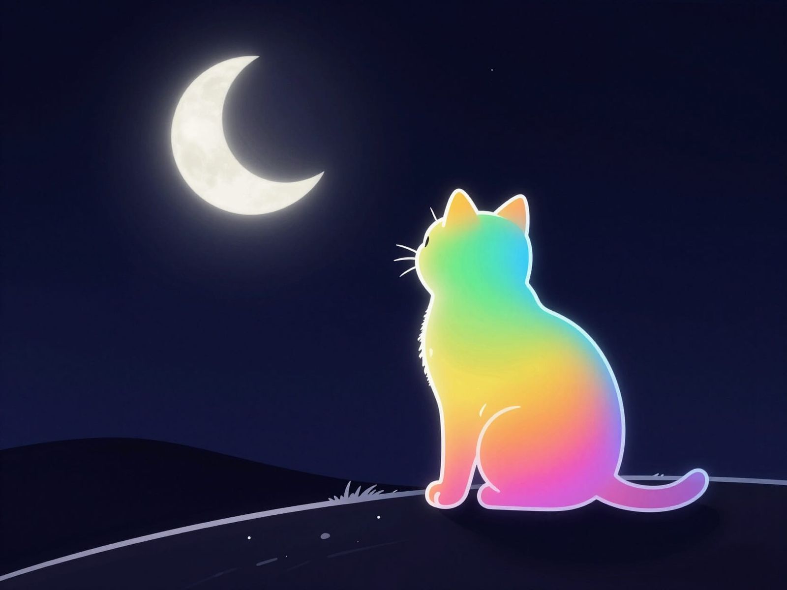 Neon Rainbow Cat Gazes at Moon in Minimalist Art Style