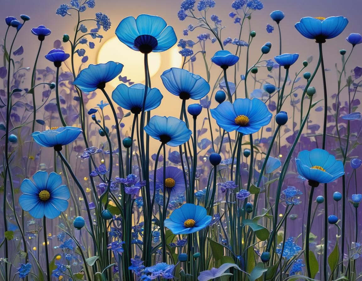 Translucent Blue Flowers in Purple Light, Hundertwasser Styl...