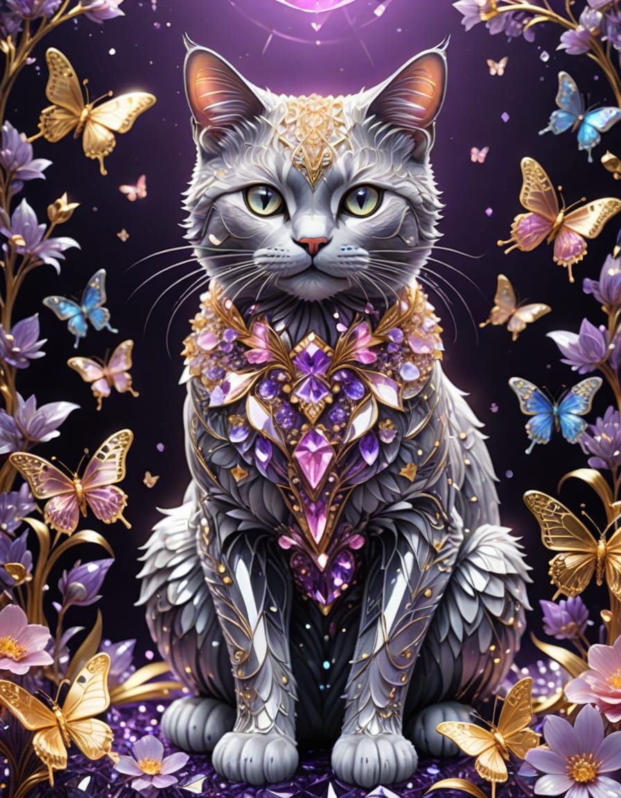 Elegant Crystal Cat Amidst Vibrant Blooms