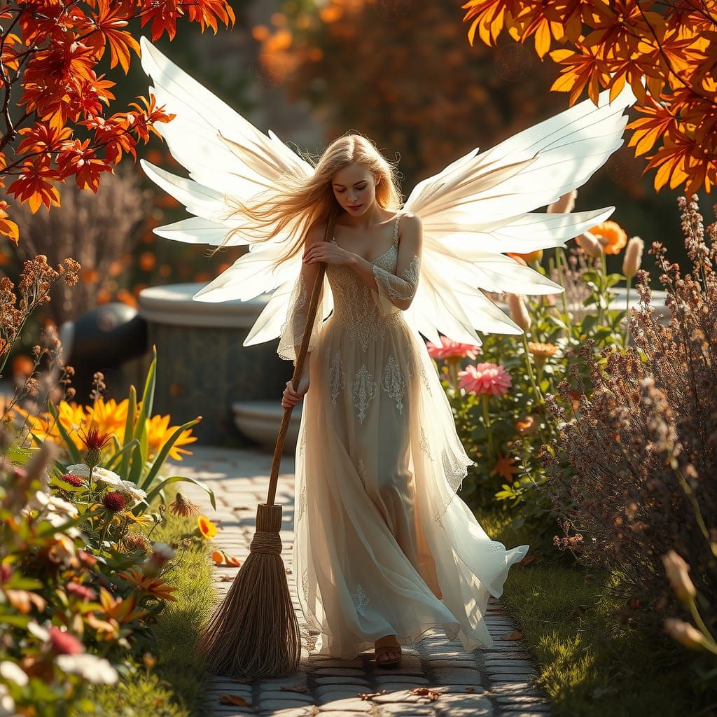 Winged Maiden Sweeping Autumn Garden Path