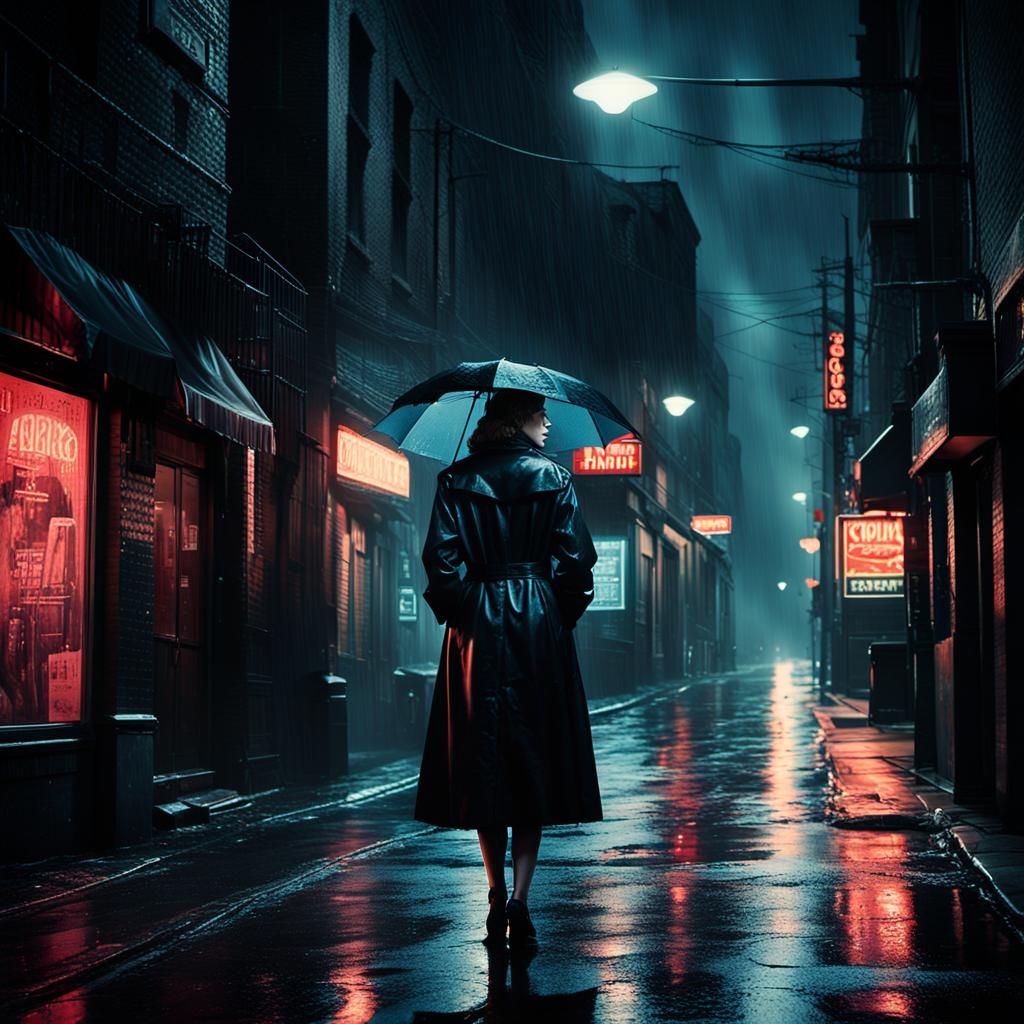 Film Noir Woman in Rainy Alley