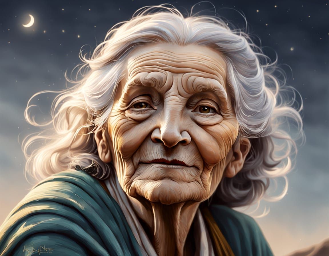 Contemplative Old Woman Gazing at Moonlight Sky