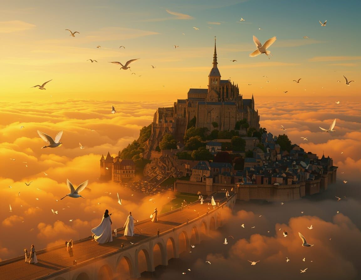 Fairytale Castle with Pegasus and Cherry Blossoms