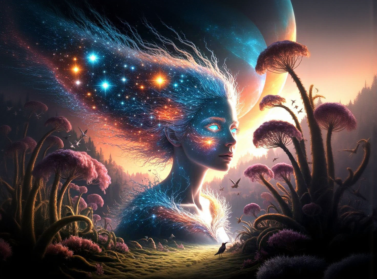 Starlight Ghost Woman in Glowing Forest