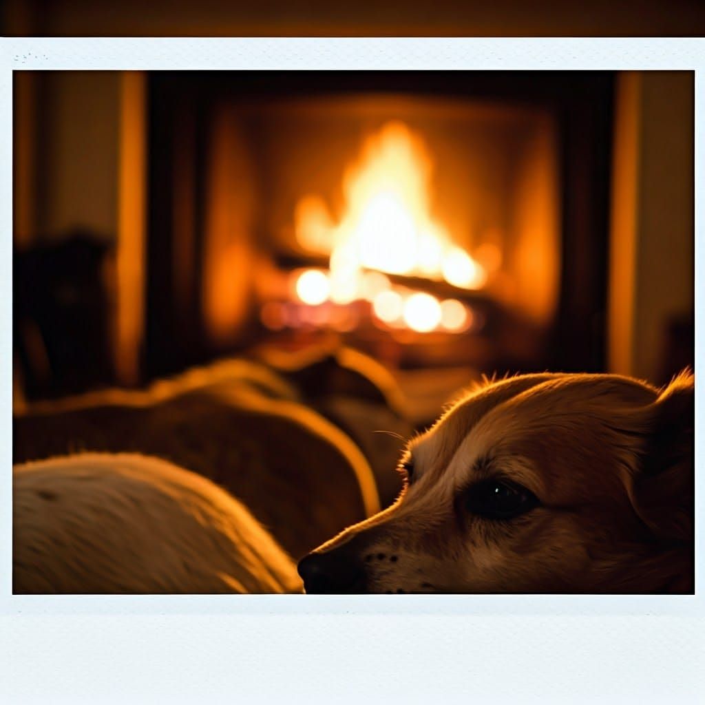 Dogs Cuddled by Firelight: Nostalgic Polaroid Photo