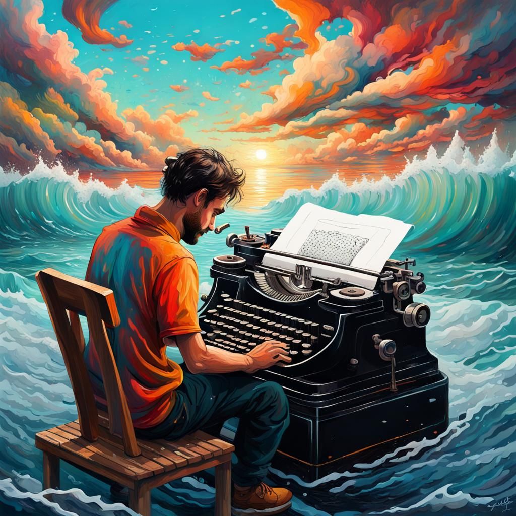 Man Typing on Boat in Graffiti Art Style