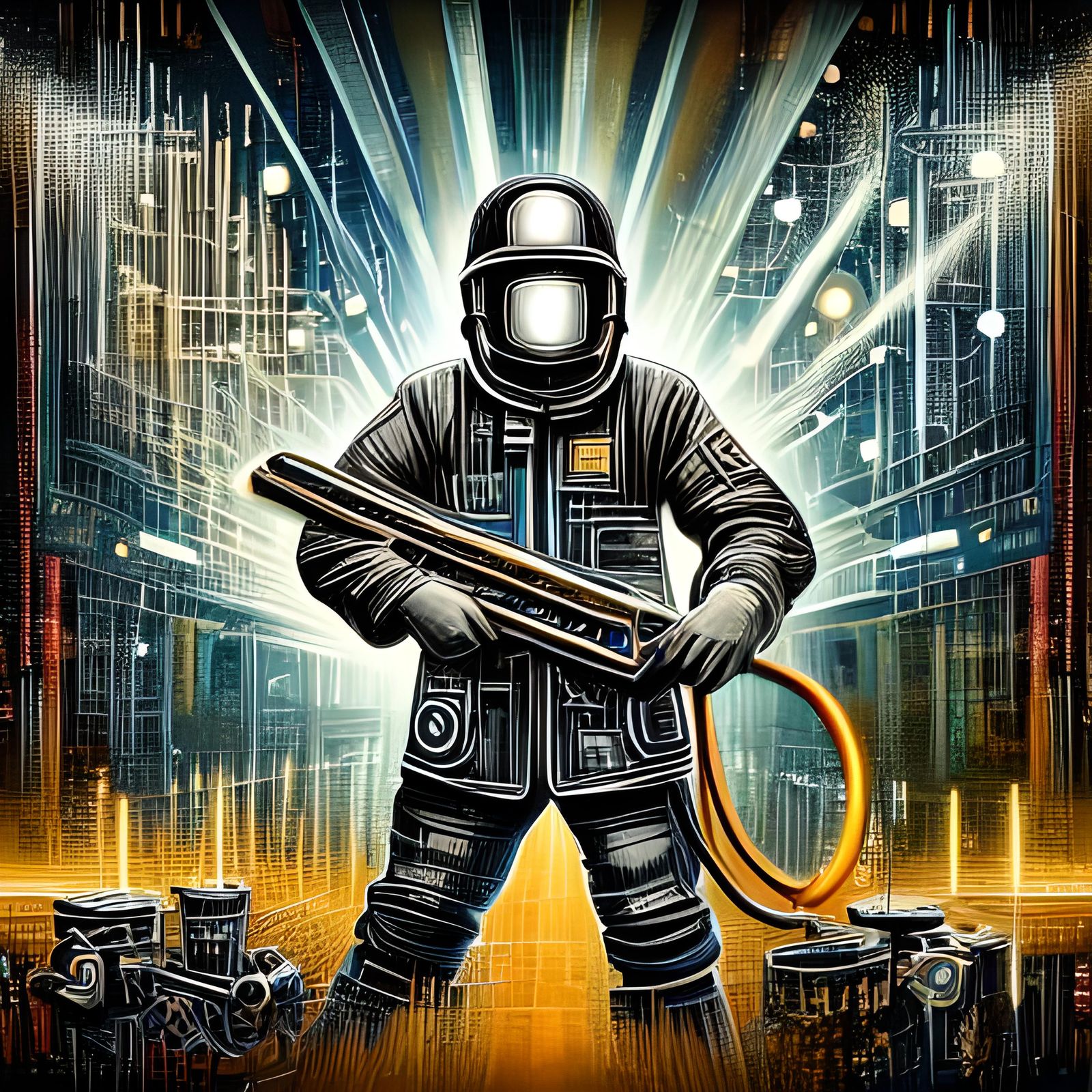 Welder in Protective Gear with Neon Sparks