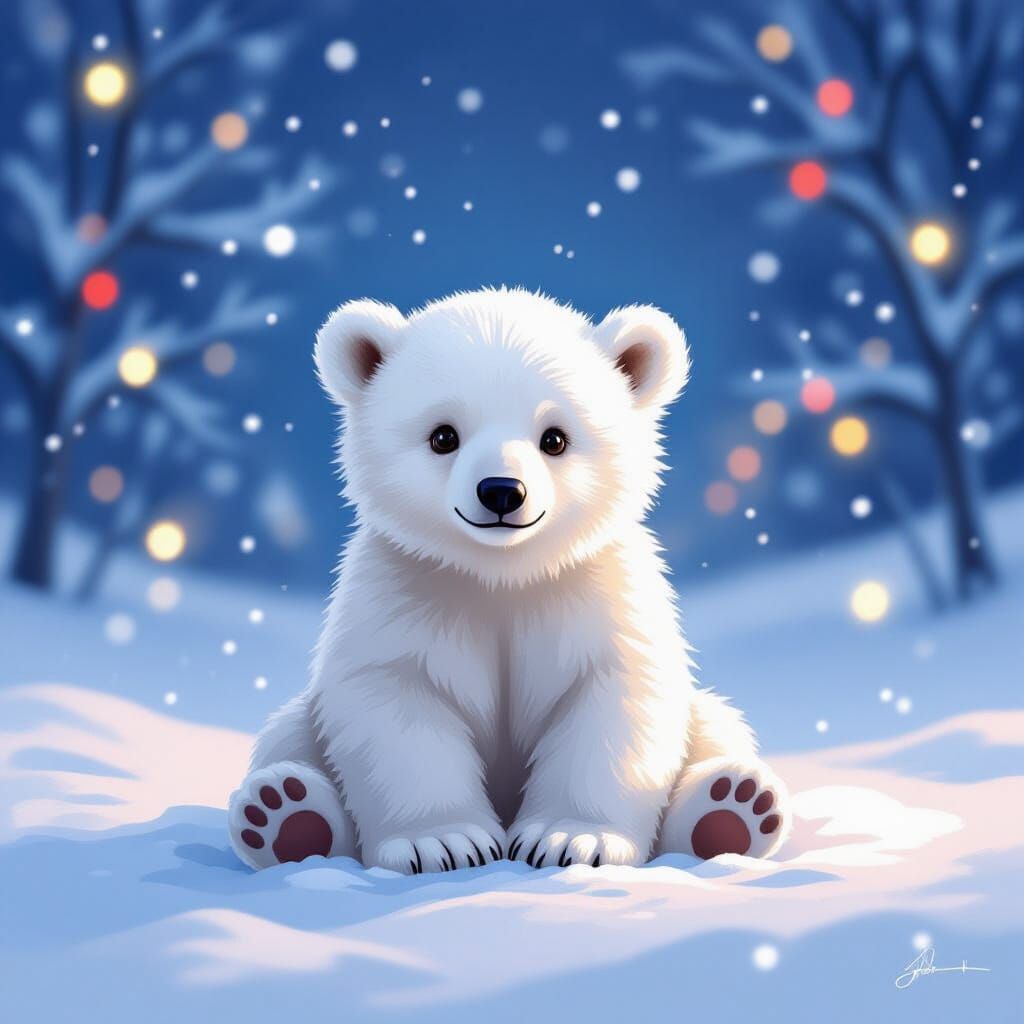 Cute Polar Bear Cub on Magical Christmas Snow Day