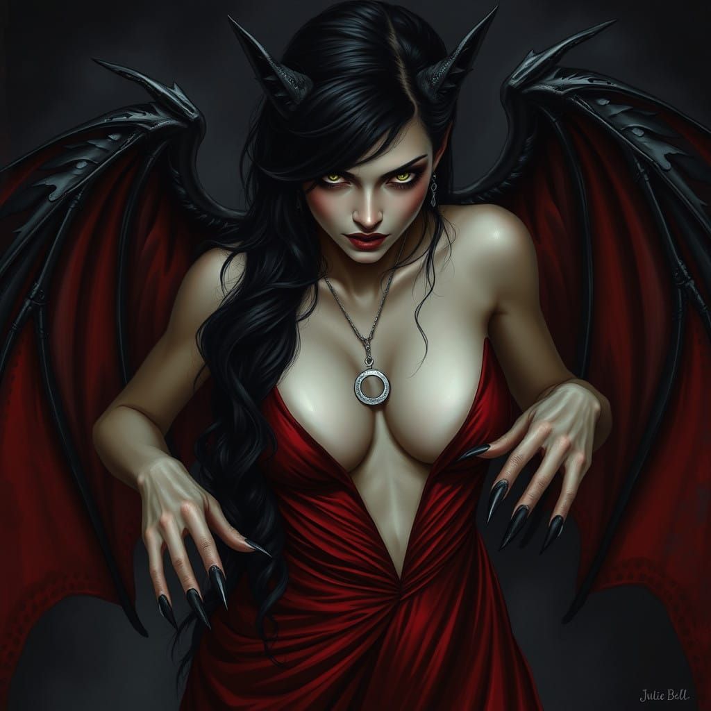 Mysterious Vampire Woman with Bat Wings and Crimson Gown