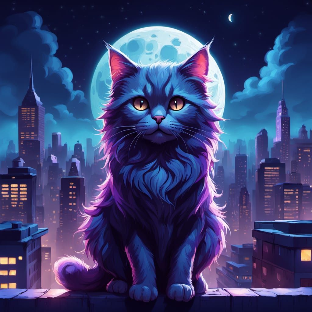 Cute Cat on Rooftop Under Huge Moon in Futuristic City