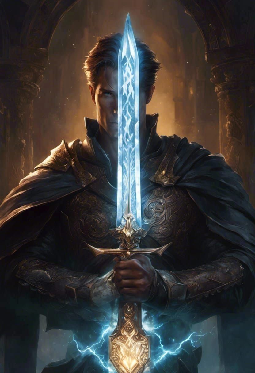 Fantasy Hero with Glowing Sword, Digital Art