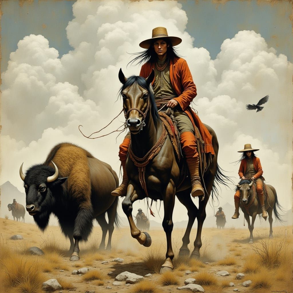 Native American Hunter Pursues Bison on Horseback