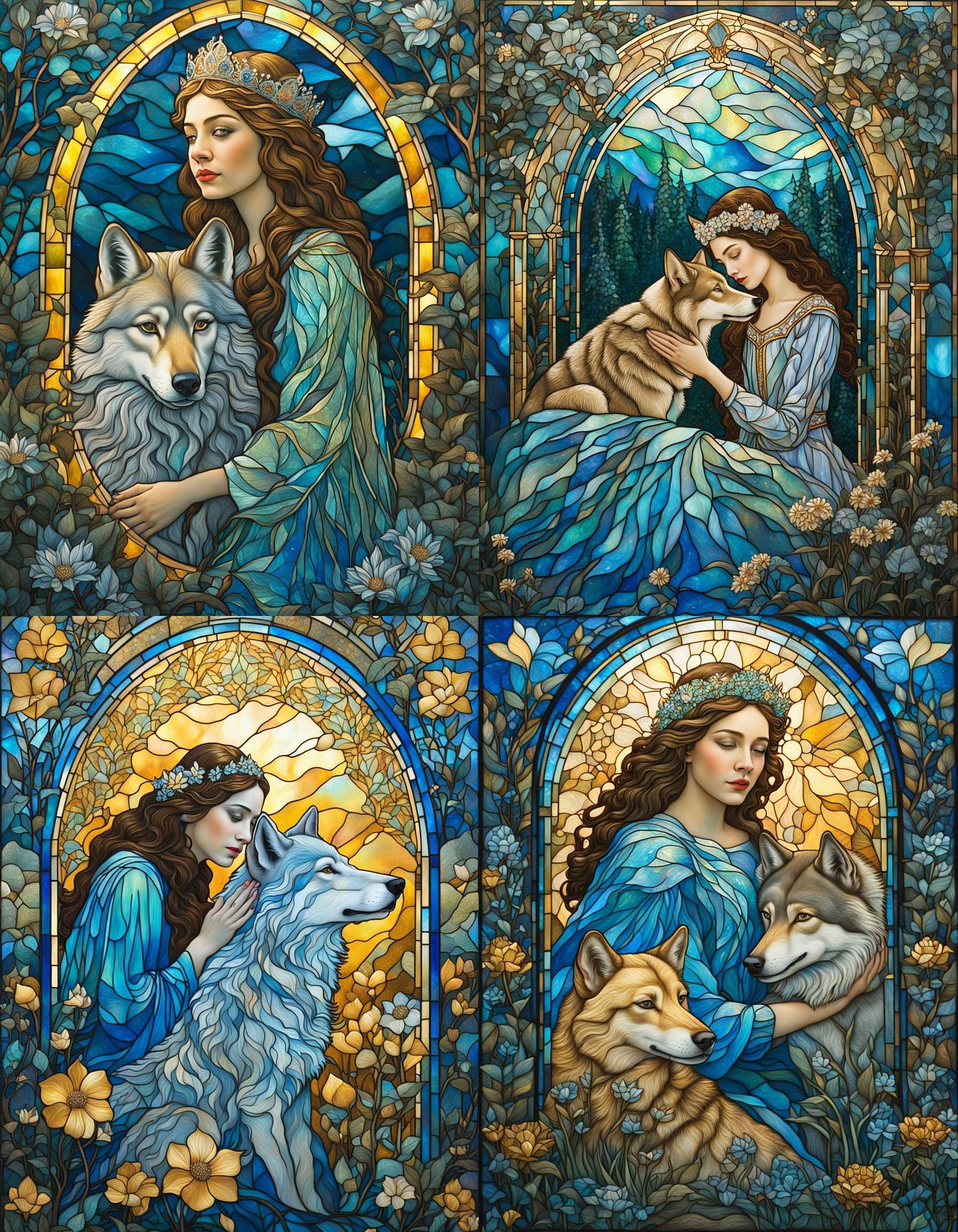 Princess and Wolf Crystalline Portrait in Floral Forest