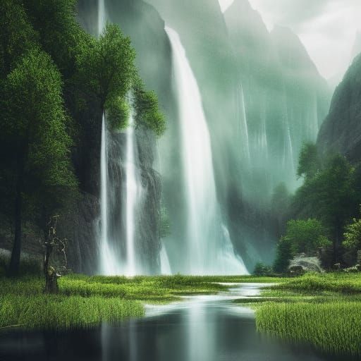 Epic Lake, Meadow, and Waterfall Landscape