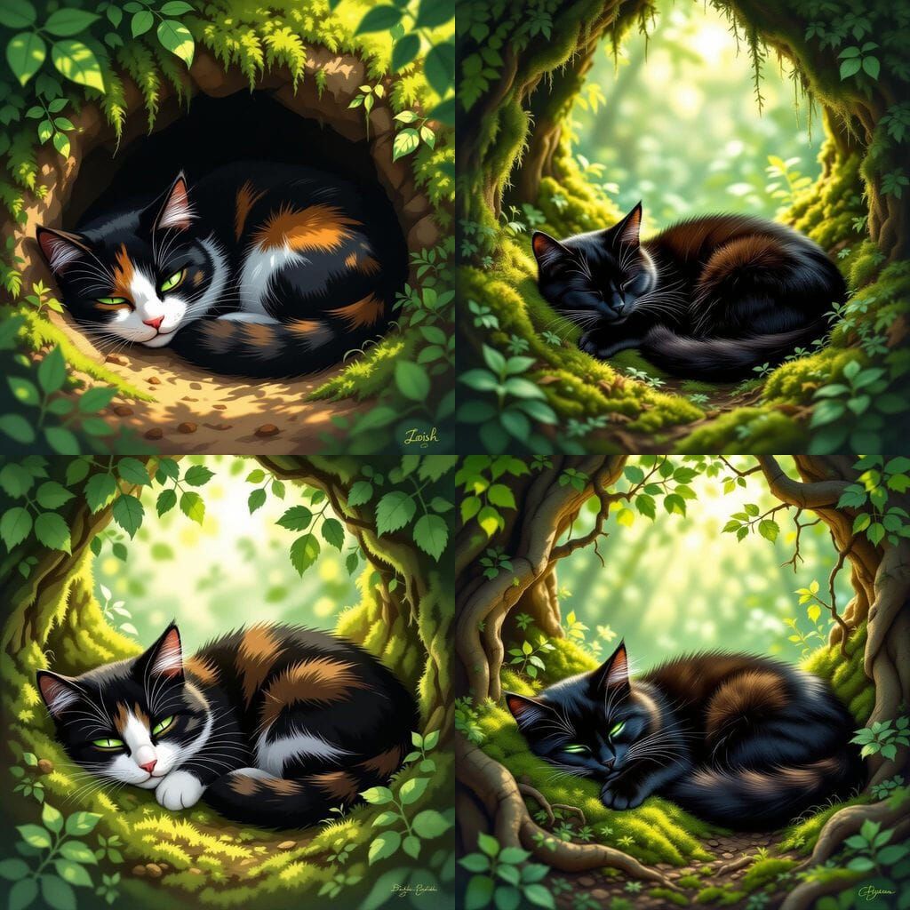 Black Brown Cat Rests in Lush Mossy Den