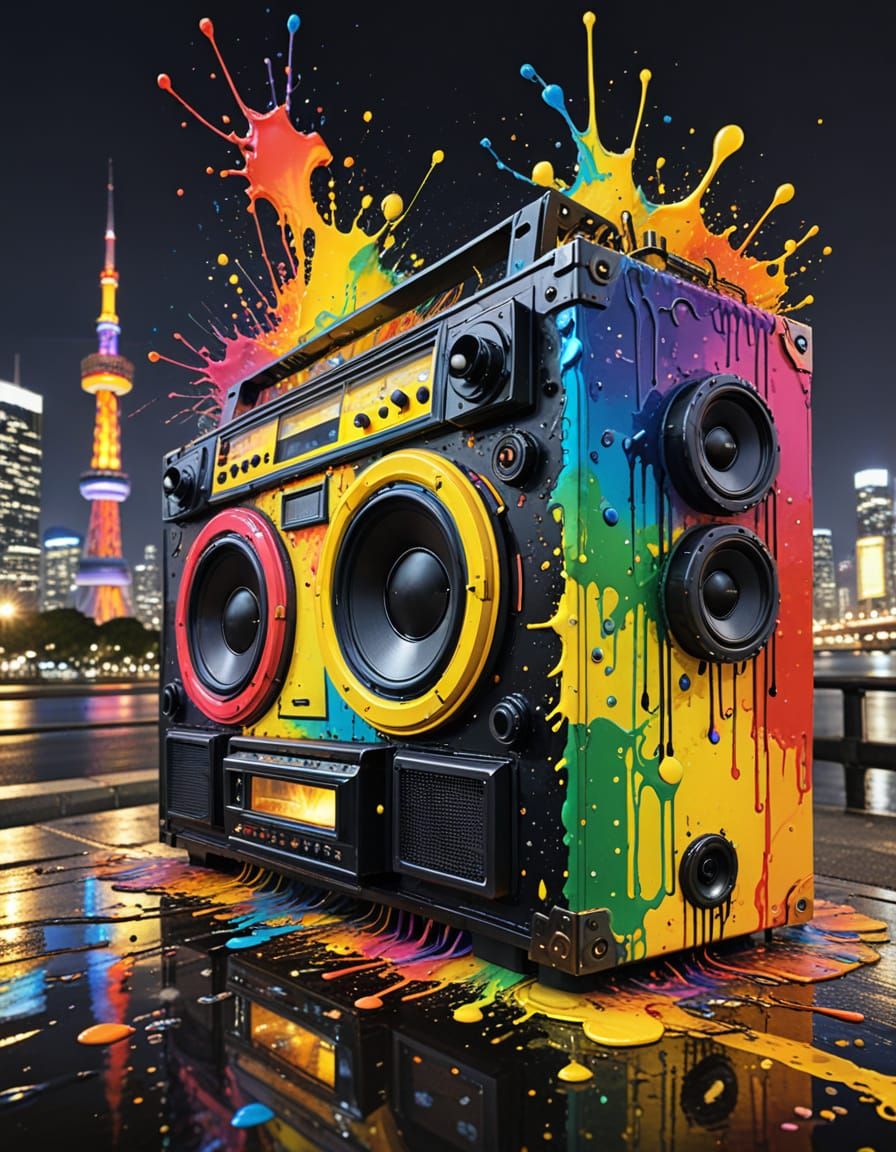 Steampunk Boombox in Rainbow Dress, Vivid Night City