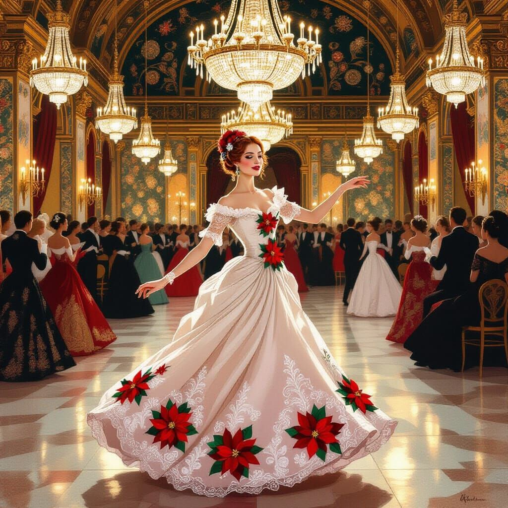 Elegant Lady Dancing in Opulent Ballroom, in Art Nouveau Sty...