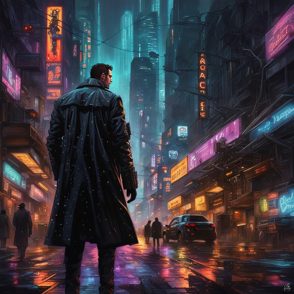 Cyberpunk Detective in a Neon Cityscape: Digital Painting