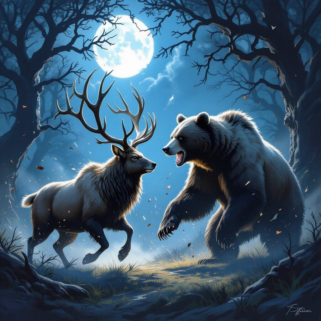 Holly King Versus Oak King in Moonlight Battle