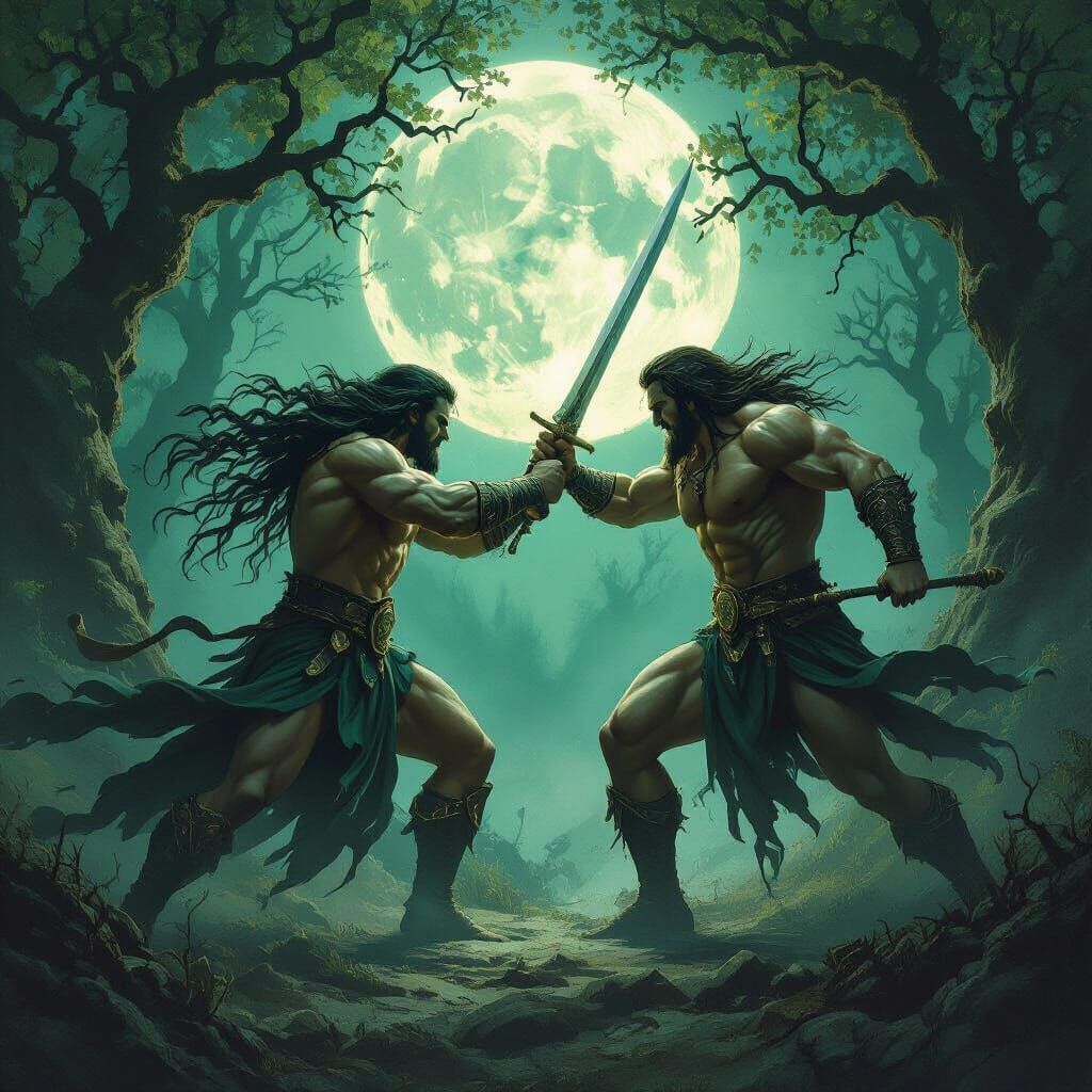 Mythic Battle of Holly and Oak Kings in Chiaroscuro Moonligh...