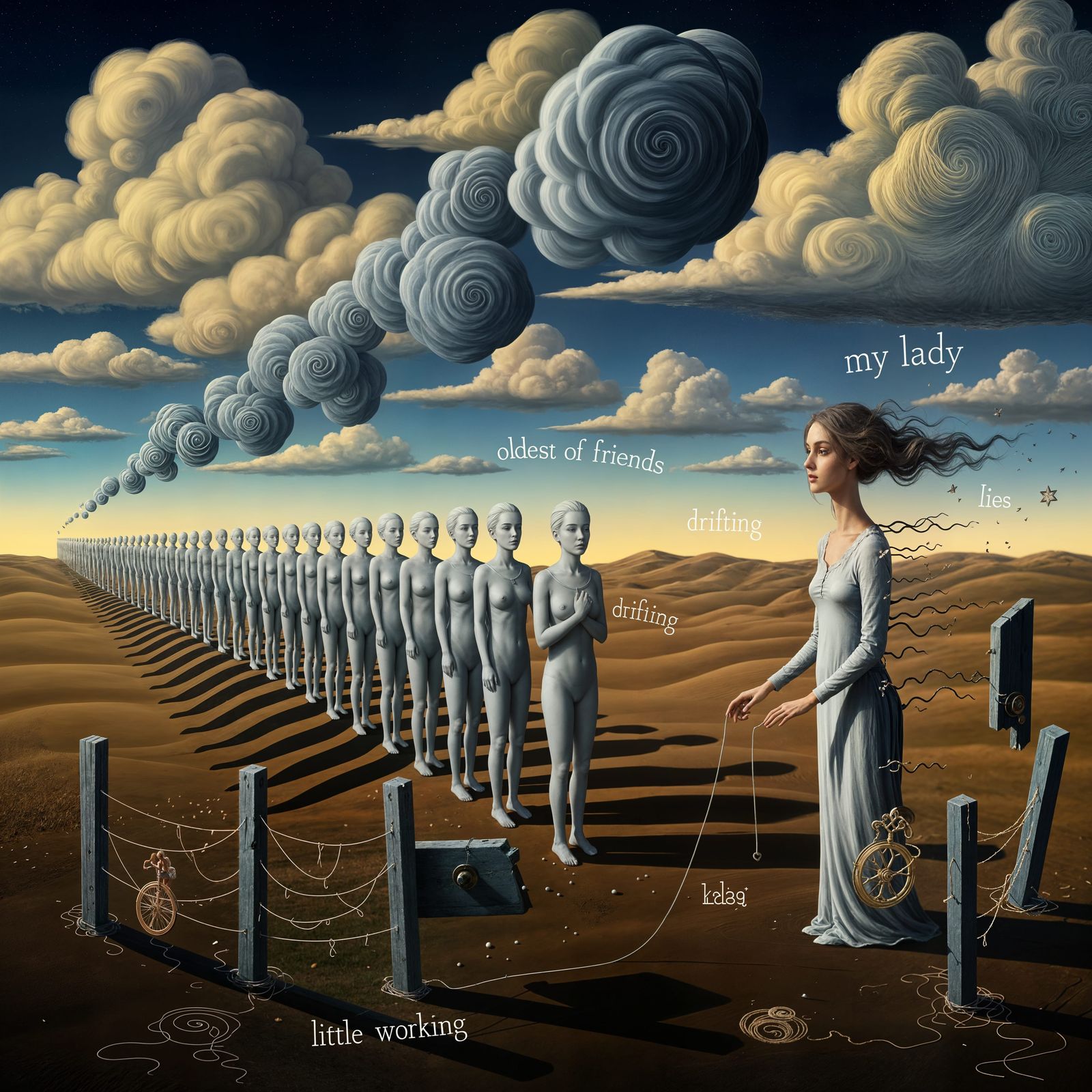 Surreal Dreamscape of Figures and a Drifting Woman