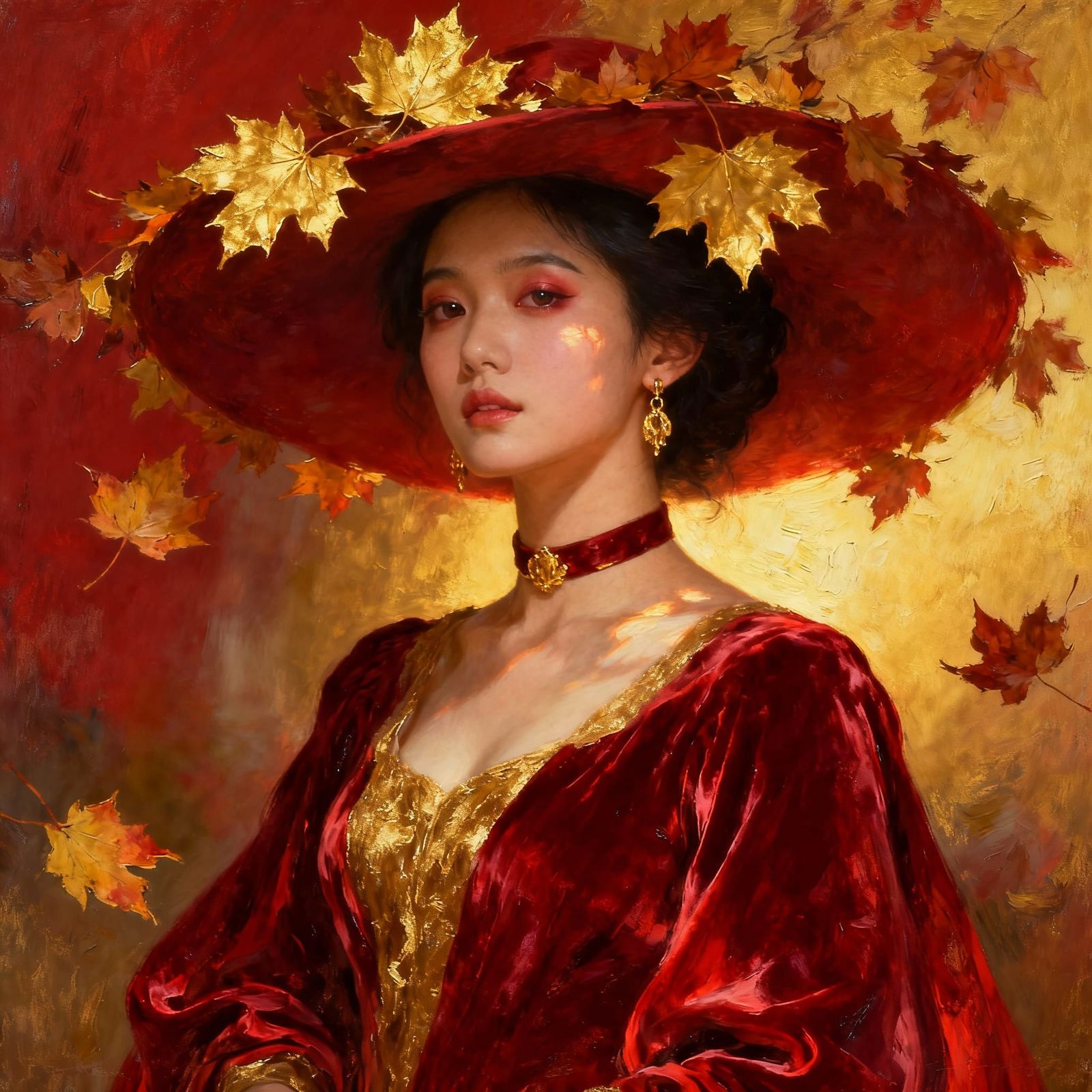 Baroque Portrait of Woman in Autumn Leaves
