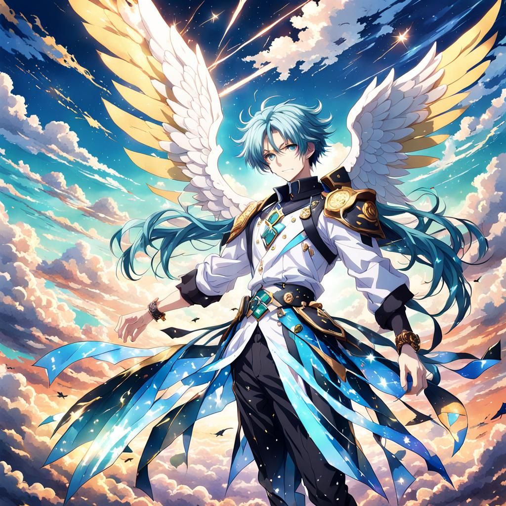Anime Angel with Blue Hair in Cloudy Sky