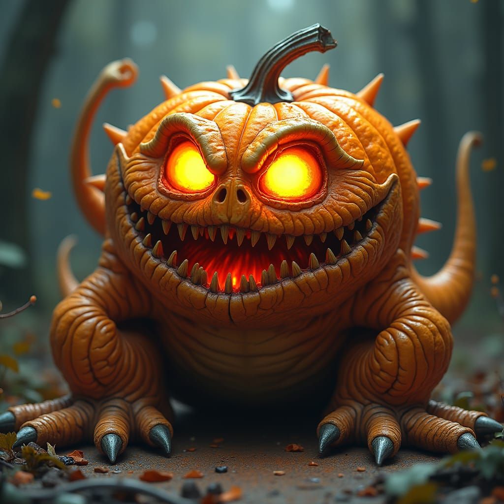 Pumpkin Squig Creature with Glowing Eyes in Fantasy Art