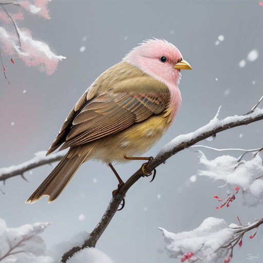 a tree, very snowy, a small pink bird on the branch, a few l...