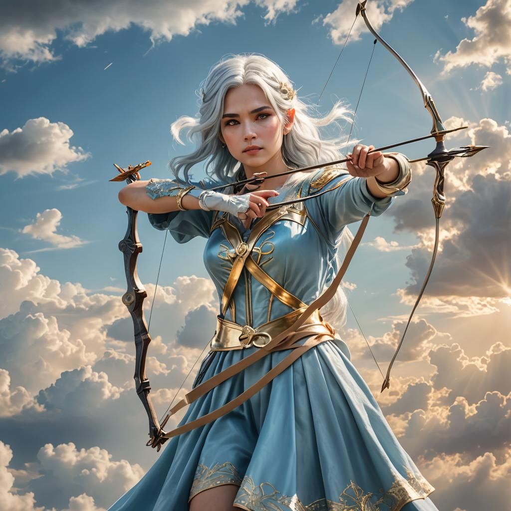 Archer Girl with Bow and Arrow in Divine Light