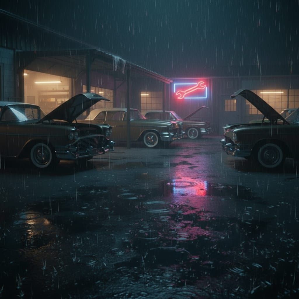 Vintage Garage at Night: Classic Cars in Neon Rain