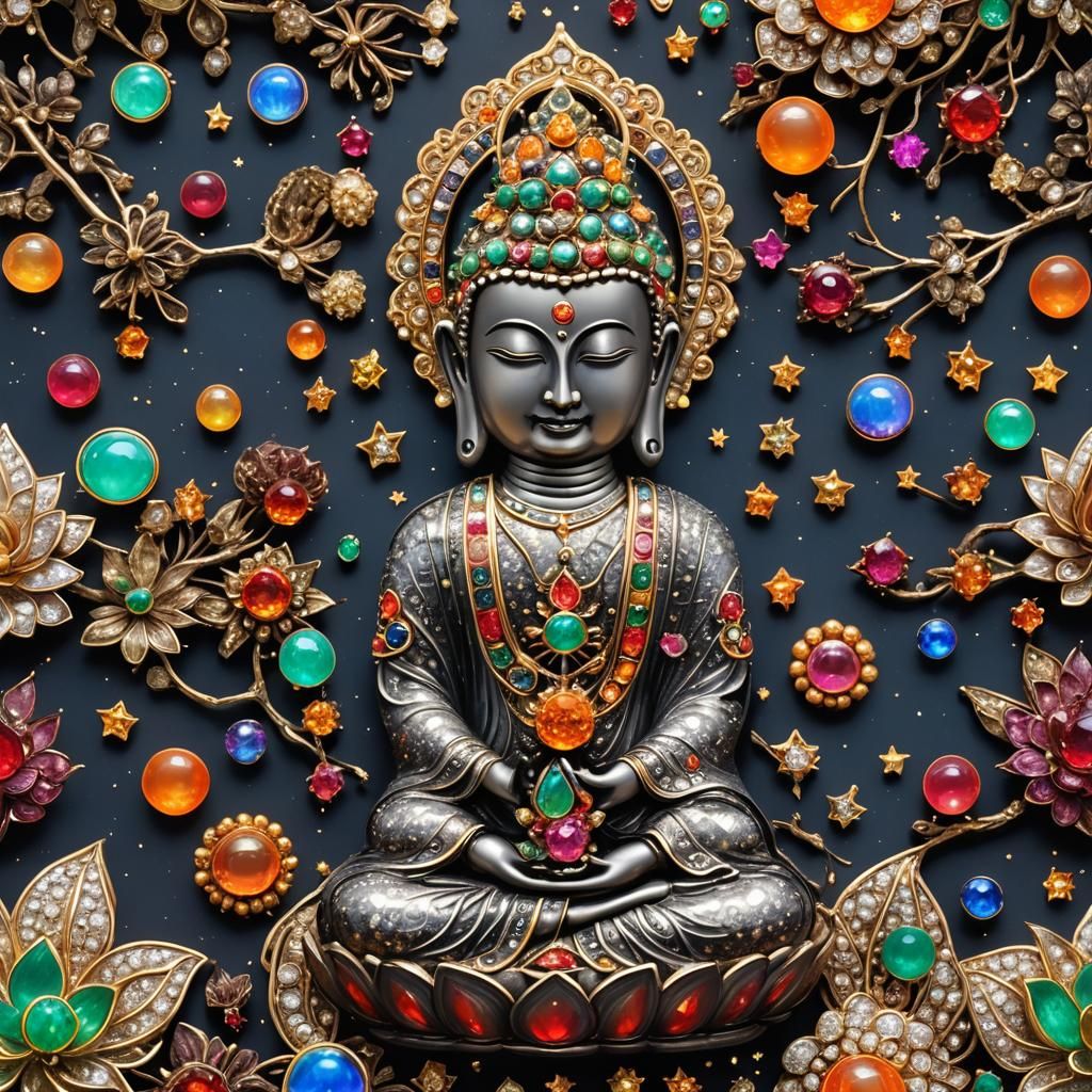 Buddha in Dense Forest Brooch with Precious Stones