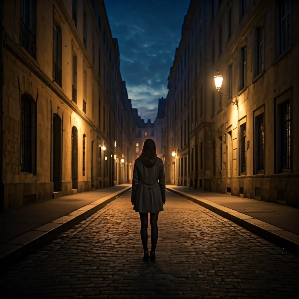 Lonely Young Woman Checks Her Surroundings in a Deserted Str...