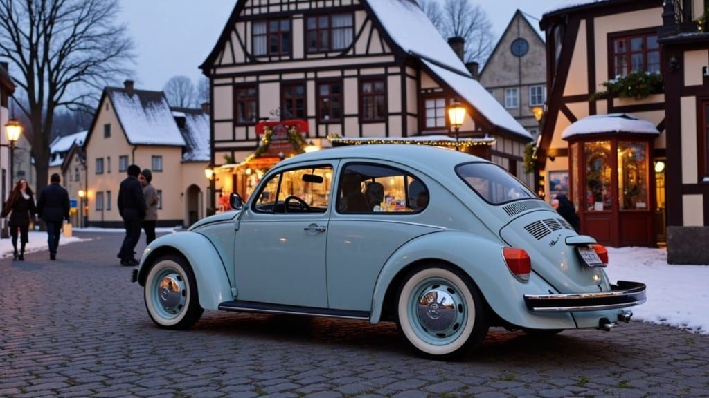 Traditional German Winter Village Scene with Vintage VW Beet...