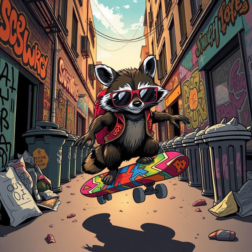 Raccoon Skateboarder in Graffiti Alleyway