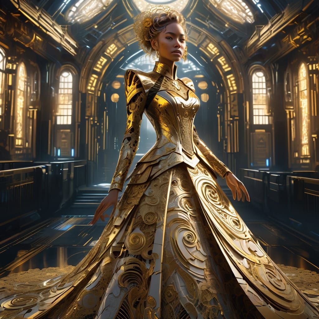 Cyberpunk Princess in Luxurious Golden Gown
