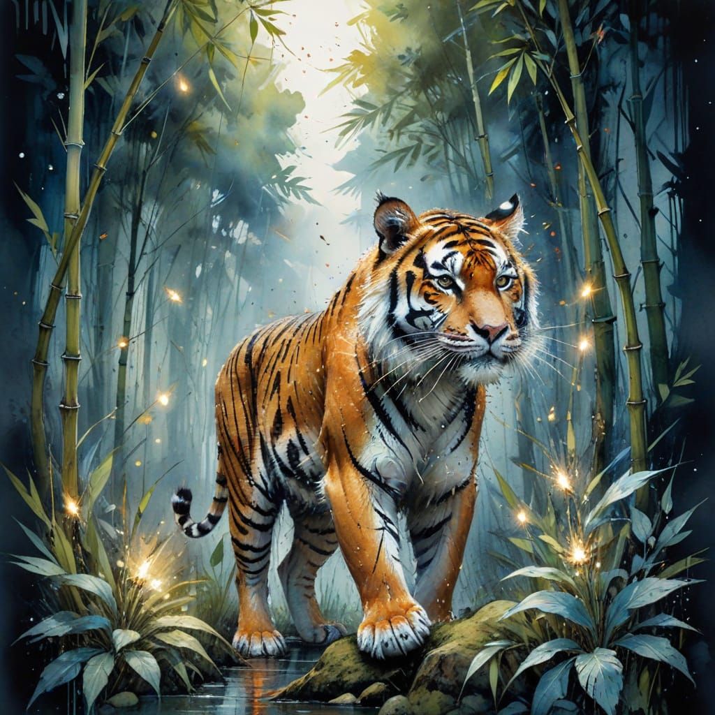 Bengal Tiger in Moonlit Bamboo Forest with Fireflies